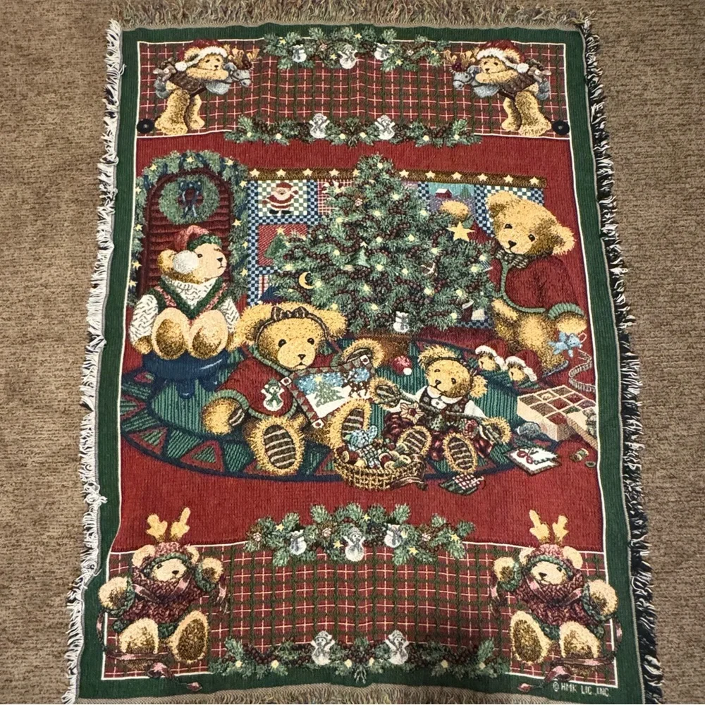 Christmas Vintage‎ Throw Tapestry Teddy Bears with Granny Blanket Holiday
